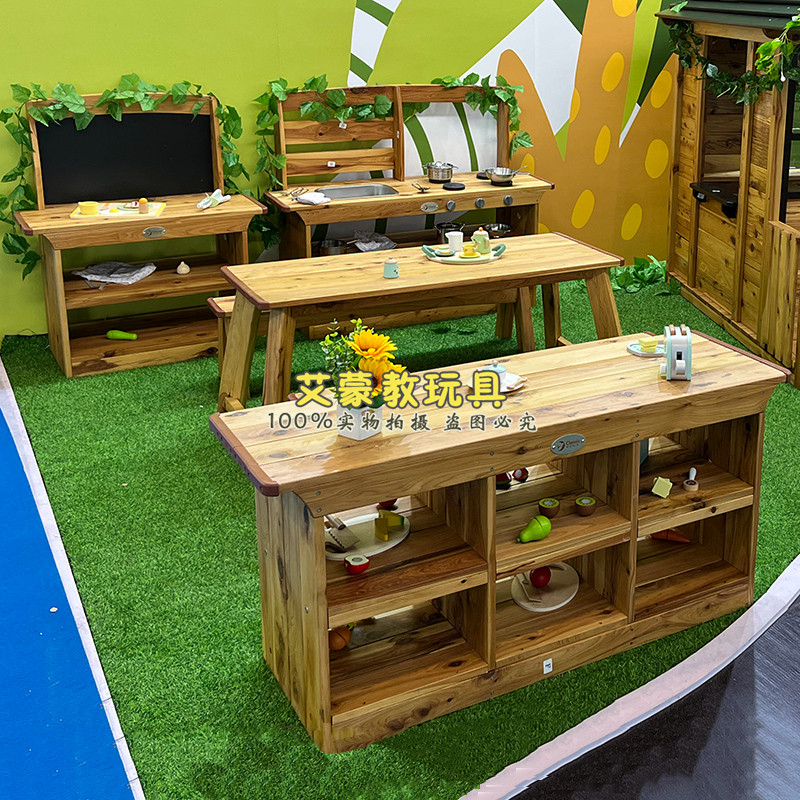 幼儿园儿童户外香柏木乡村厨房长桌长凳户外备餐桌椅温馨小木屋