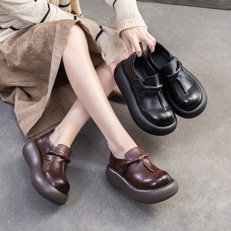 杰骤春季头层牛皮大头皮鞋女真皮增高厚底松糕女鞋轻便复古单鞋