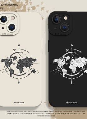 手绘世界地图手机壳适用苹果15情侣16套iphone14promax涂鸦13/12mini简约11新款x个性8plus线条17男女xs硅胶7