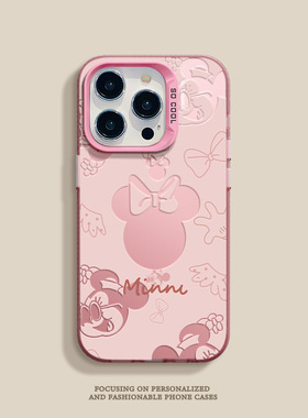 适用苹果17promax手机壳卡通16EPLUS彩银粉色15可爱14经典13米妮头12mini防摔全包蝴蝶结迪士尼米奇图案少女