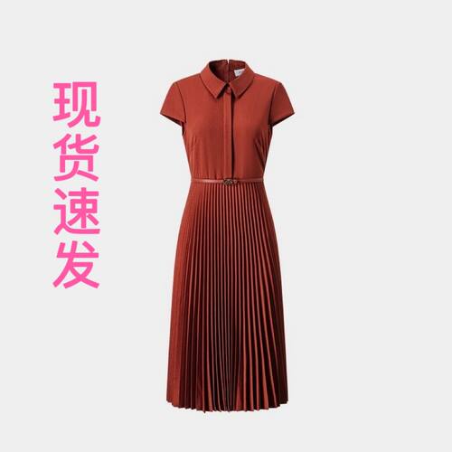 现货宝家女装2025秋季新款优雅气质通勤翻领腰带百褶拼接连衣裙