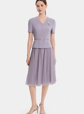 宝家女装2026春季新款优雅淑女浅紫色网纱拼接三醋酸连衣裙