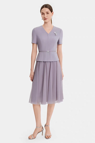 宝家女装2026春季新款优雅淑女浅紫色网纱拼接三醋酸连衣裙