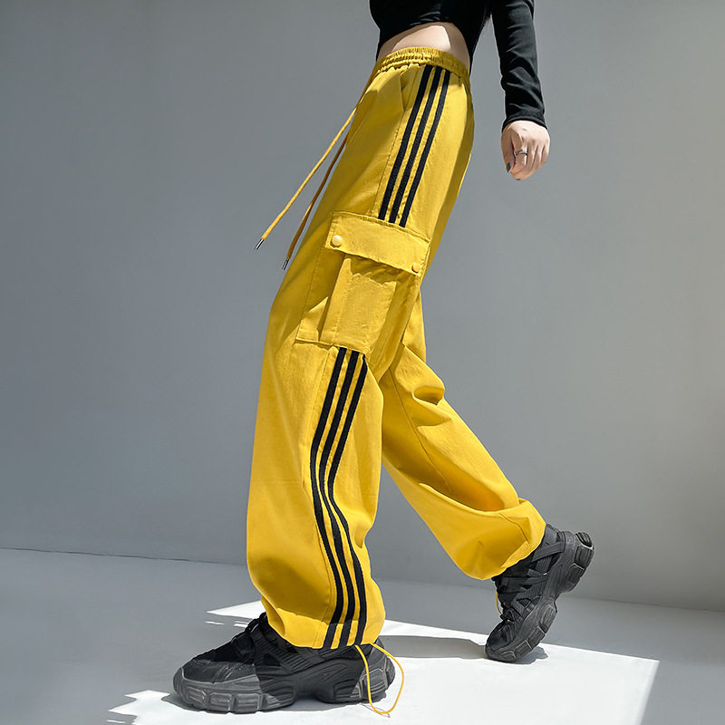 欧洲站2025春夏美式侧边条纹工装裤女薄款宽松休闲撞色阔腿运动裤