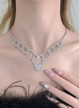 可爱猫头鹰水钻项链耳环套装约宴会派对日常低领百搭锁骨链首饰品