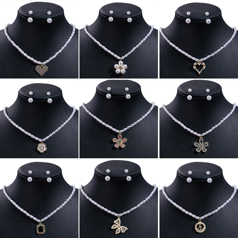 婉约花朵珍珠项链耳环套装几何优雅风锁骨链婚礼宴年会车模配饰品