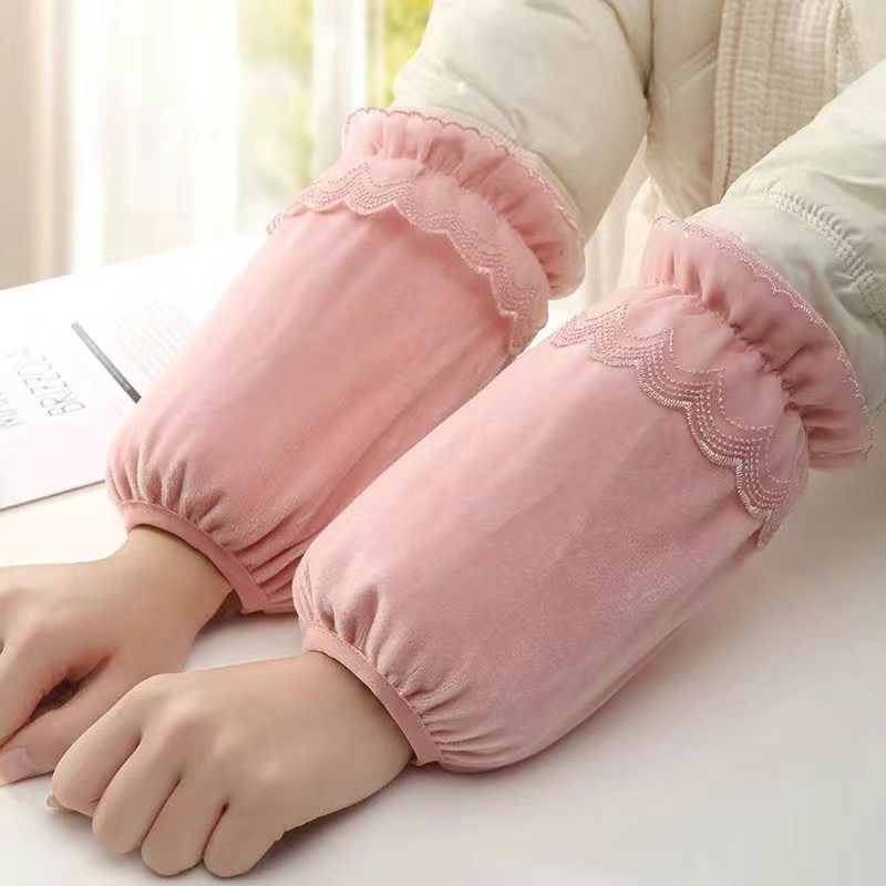 新款蕾丝花边短款袖套女冬上班防脏羽绒服护袖头成人学生绒布手袖