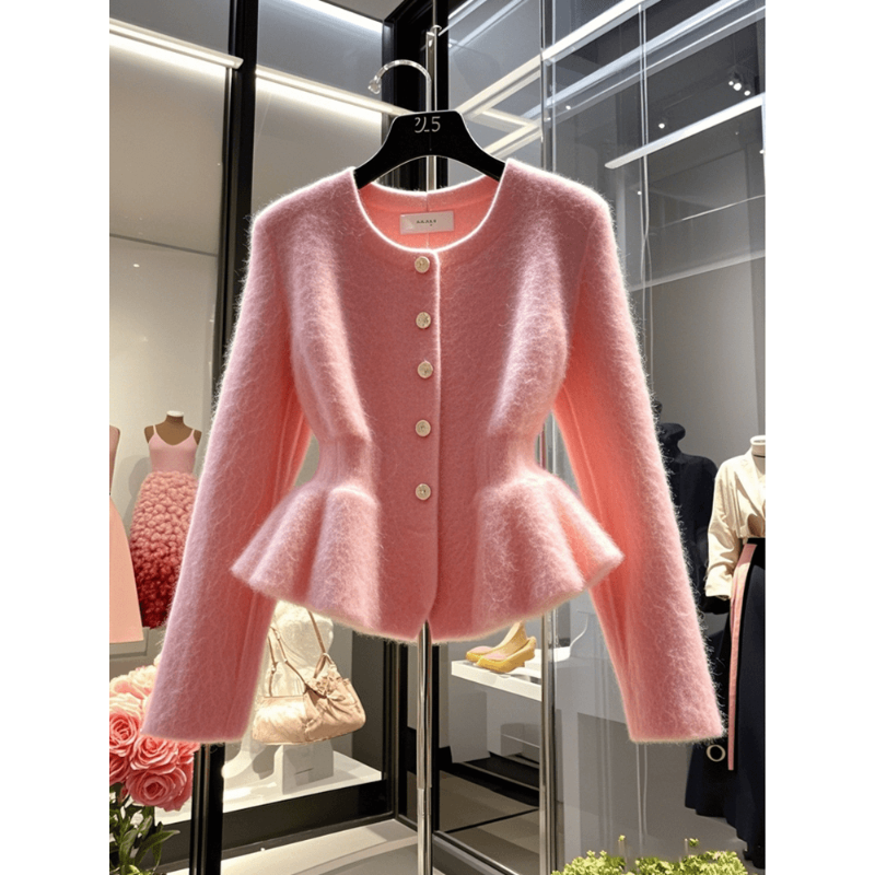 小香风粉色圆领收腰针织开衫女春季轻熟风高级感修身显瘦毛衣上衣,女装/女士精品,毛针织衫,淘宝优惠券,粉丝福利购,淘宝优惠卷