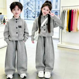男女童时髦休闲条纹直筒裤 新款 子两件 2026春季 凯美优选儿童套装