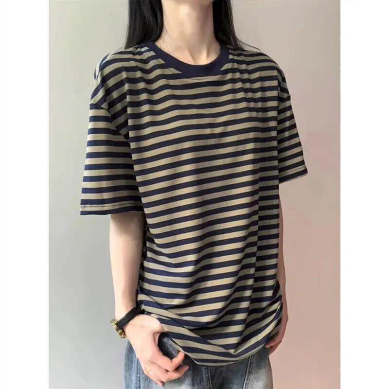 桑植服装店5轻奢男装条纹撞色短袖男夏季美式高街重磅运动t恤情侣