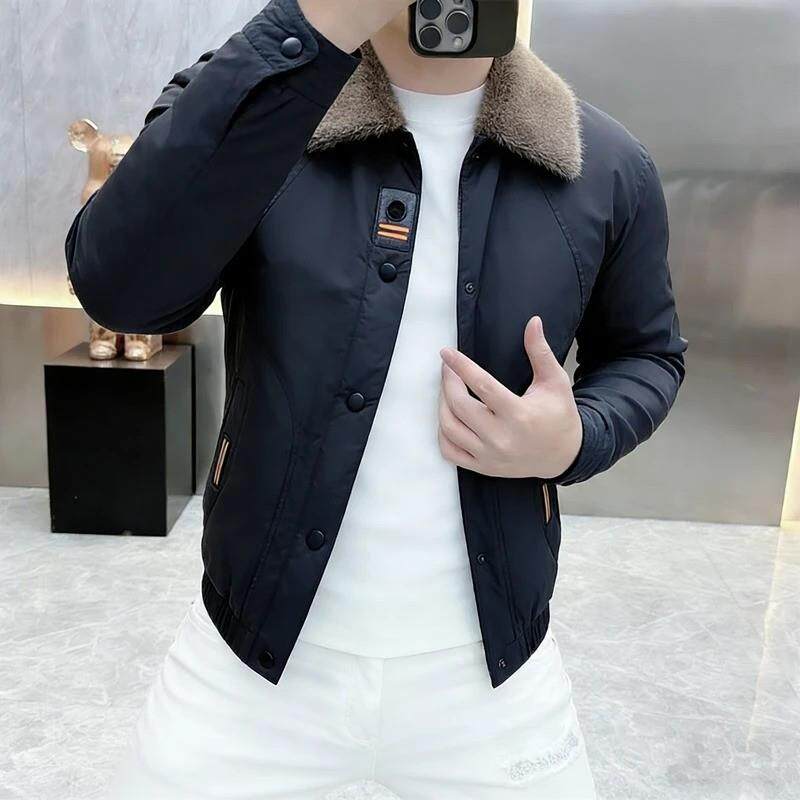 玟若男装新款加厚毛皮衣翻领外衣春秋季男款夹克外套 痞帅老钱风