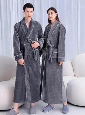 四季珍品秋冬季加长加厚法兰绒睡袍男士加大码珊瑚绒浴袍女士