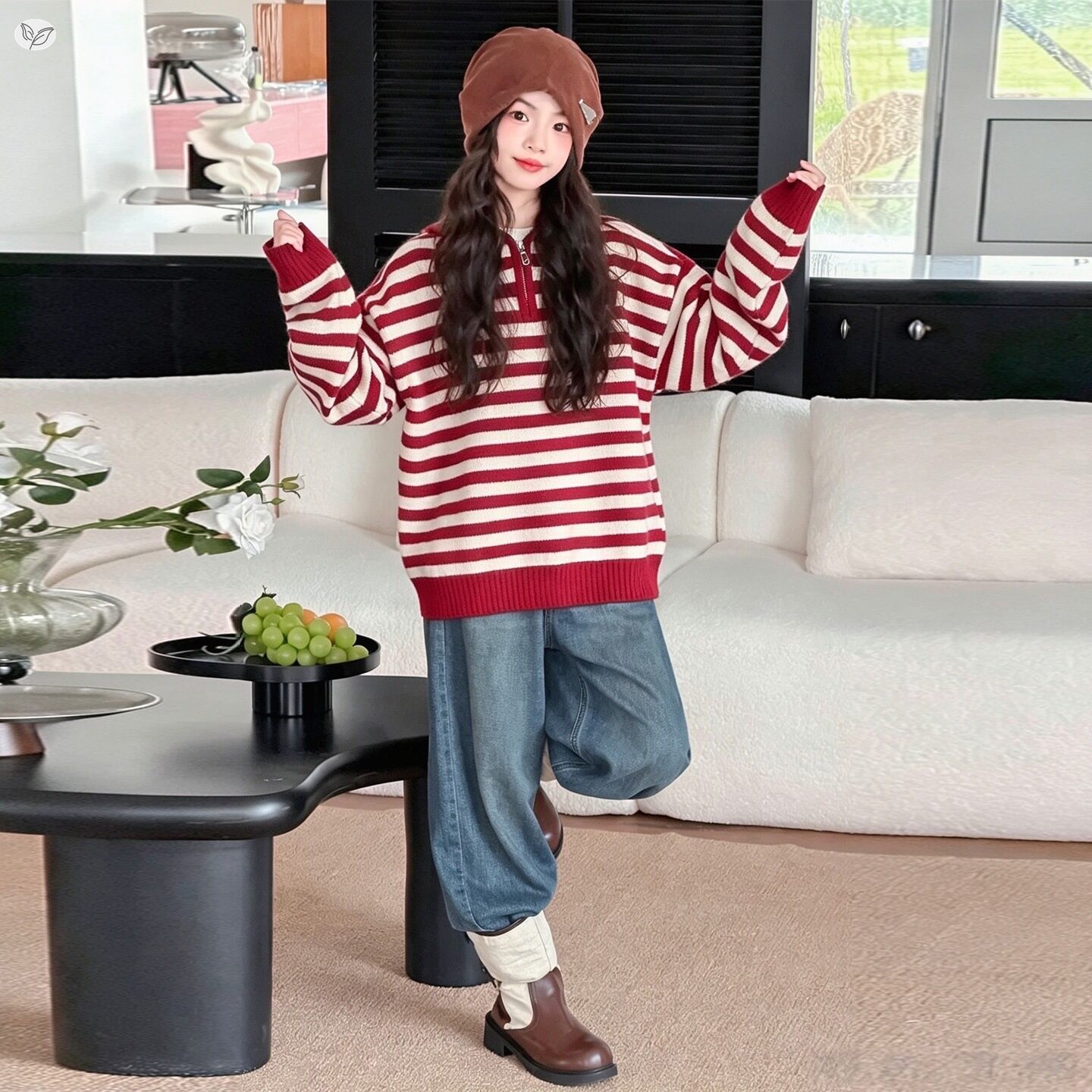 女童春秋连帽条纹针织卫衣