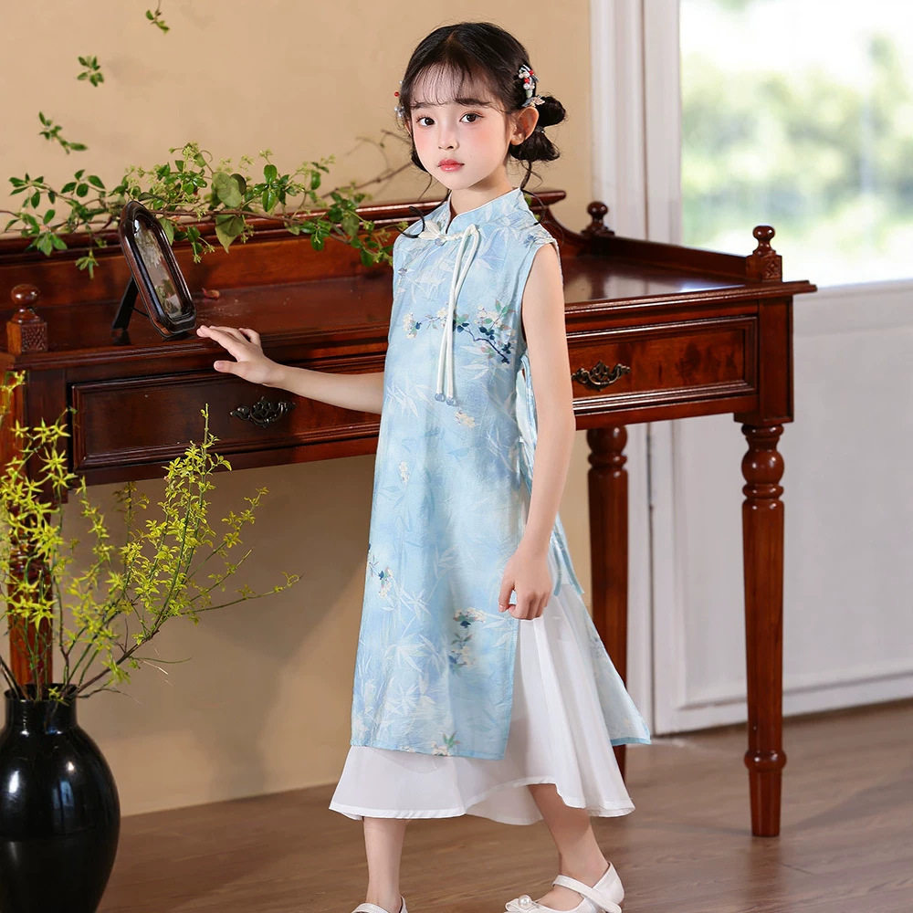 夏季女童新中式水墨兰花旗袍
