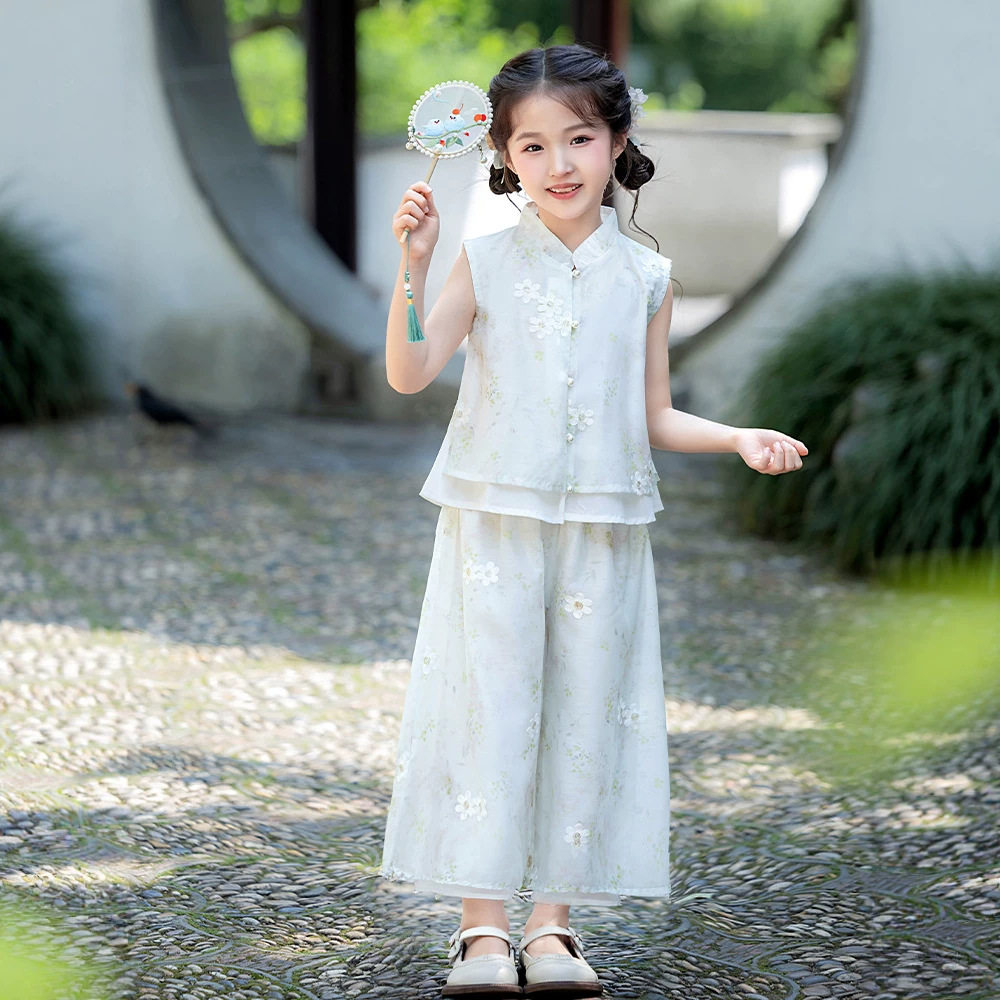 女童新中式白色碎花汉服两件套