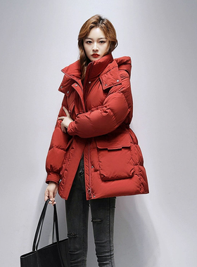 2025新款红色白鸭绒羽绒服女中长款连帽保暖工装风外套
