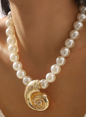 新品海螺合金吊坠项链夸张设计感