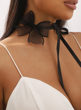 法式芭蕾风蝴蝶结网纱绑带项链女