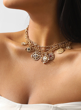 欧美中古镂空恶魔之眼颈链 跨境设计感微镶圆牌多吊坠高端项链女