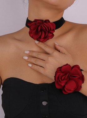 欧美跨境时尚几何颈链手链 优雅浪漫气质玫瑰花植绒布项链手环女