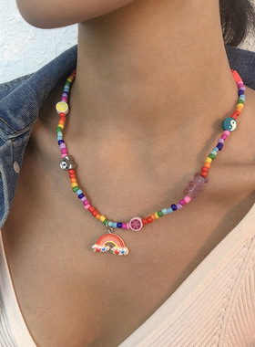 欧美风彩色米珠项链软陶小熊卡通