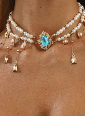 跨境新款项链超仙镶钻珍珠流苏项