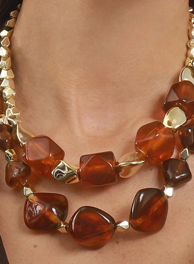 复古琥珀色树脂合金拼接项链秋冬