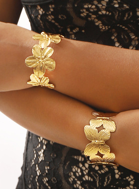 欧美跨境蝴蝶花朵开口高端手镯 简约冷淡风手环重工设计新款手饰