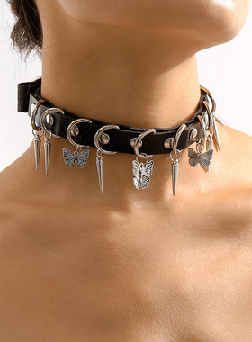 欧美甜酷风个性PU项圈女铆钉蝴蝶