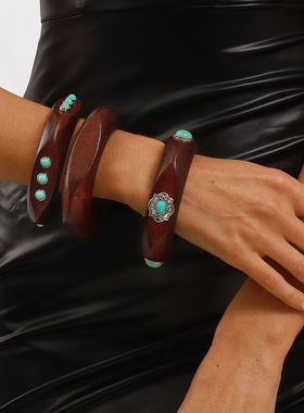 复古个性方形木质手镯美拉德风气