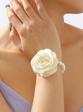 跨境甜美多色玫瑰珍珠高端手链 时尚复古优雅手工布艺山茶花手饰