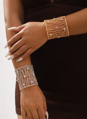 欧美跨境个性设计网面铁丝编织手饰 夸张朋克风镶钻开口高端手镯