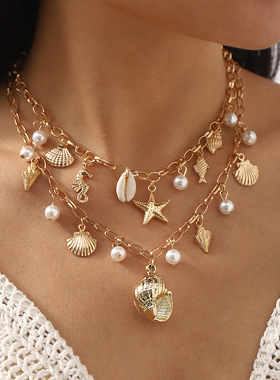 欧美跨境海洋风珍珠流苏高端项链necklace沙滩海星贝壳吊坠项饰女