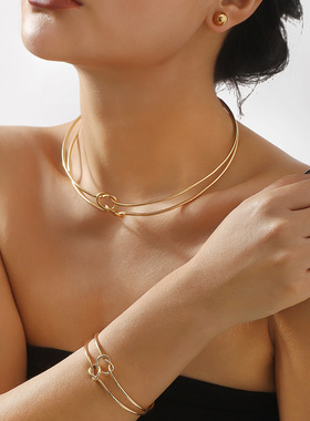 欧美跨境个性潮流夸张朋克环扣女项圈开口设计复古高端项链女套装
