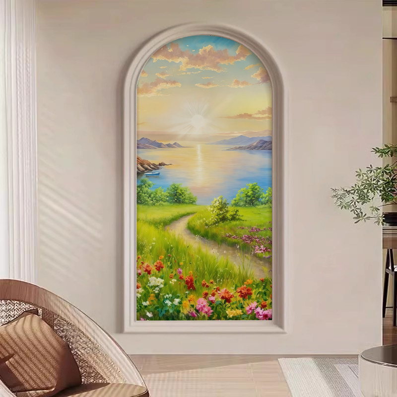 北欧原木风入户玄关墙布小清新绿色风景走廊过道壁纸楼梯壁画拱形