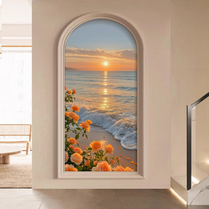 治愈系风景入户法式玄关墙布抽象竖版拱形壁纸走廊过道壁画小红书