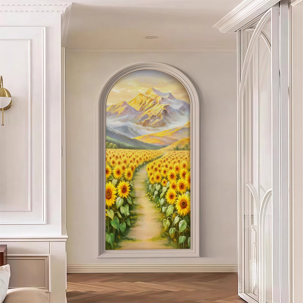 向日葵入户正对玄关壁纸现代简约走廊过道墙布日照金山风景壁画3d