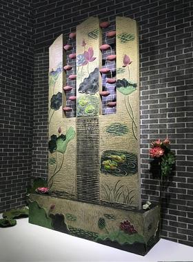 落地摆件设假山盆景观家居商铺公司流水幕墙荷花鲤鱼喷泉细雨荷塘