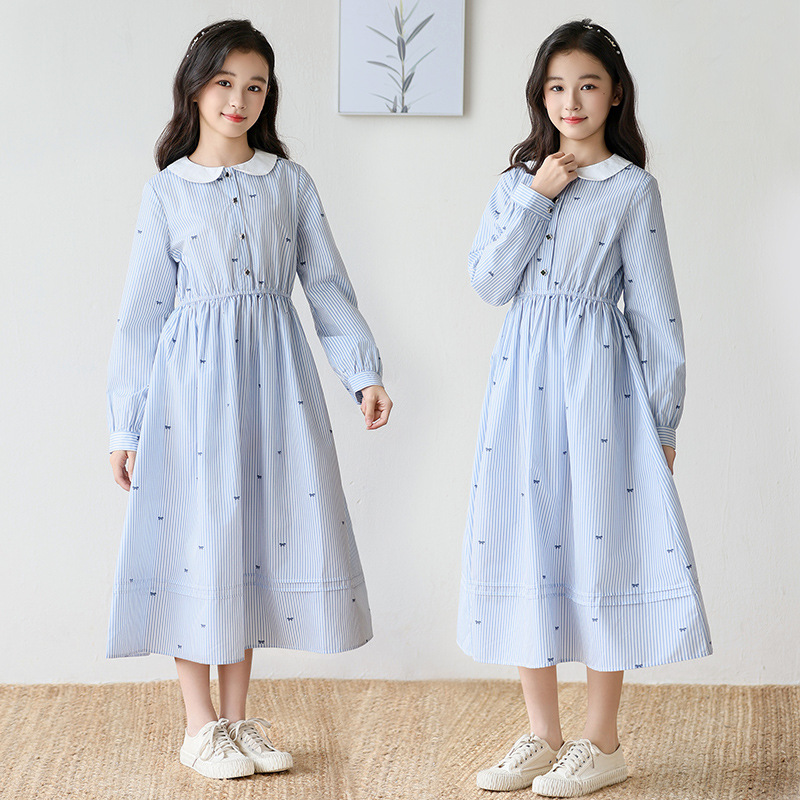 中大童女童连衣裙春秋娃娃领条纹长裙2025新款儿童女孩收腰裙子