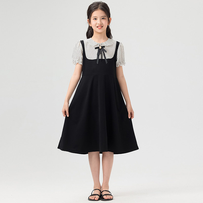 女童洋气甜美娃娃领雪纺连衣裙2025夏天儿童假两件波点裙子中大童