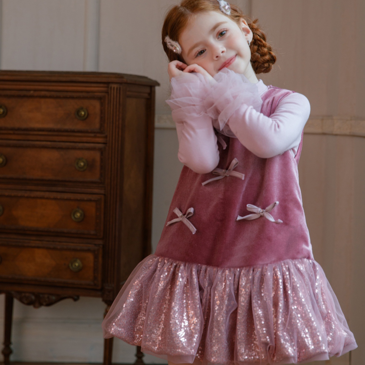 女童秋冬季新款背心裙女宝宝亮片花苞连衣裙针织打底套装两件套