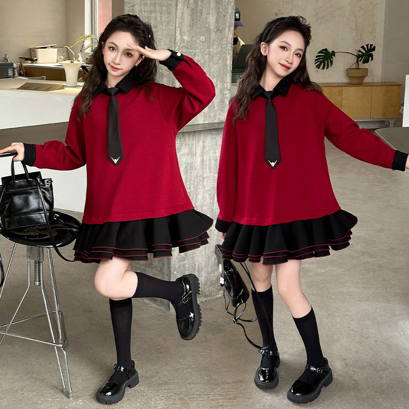 女童连衣裙2026春季新款韩版女孩学院风时尚蓬蓬裙中大童拼接裙子