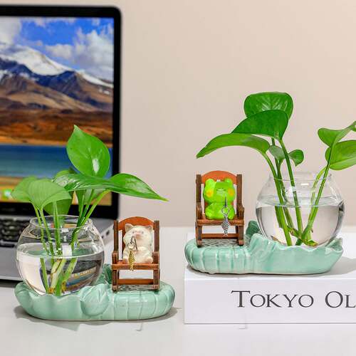 打工人青蛙钓鱼水培花瓶桌面摆件