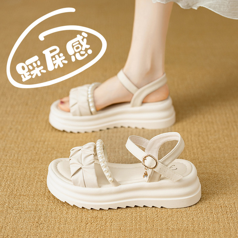 珍珠罗马凉鞋女夏外穿2025新款厚底34码沙滩P鞋时尚百搭厚底凉拖