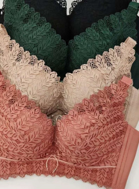 蓝色菲儿抖音霏秋冬款麦穗蕾丝花边聚拢调整型软钢圈搭扣内衣文胸