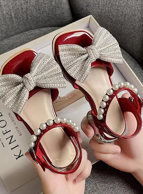 女童凉鞋夏季新款洋气珍珠蝴蝶结公主鞋演出配裙子儿童软底高跟鞋