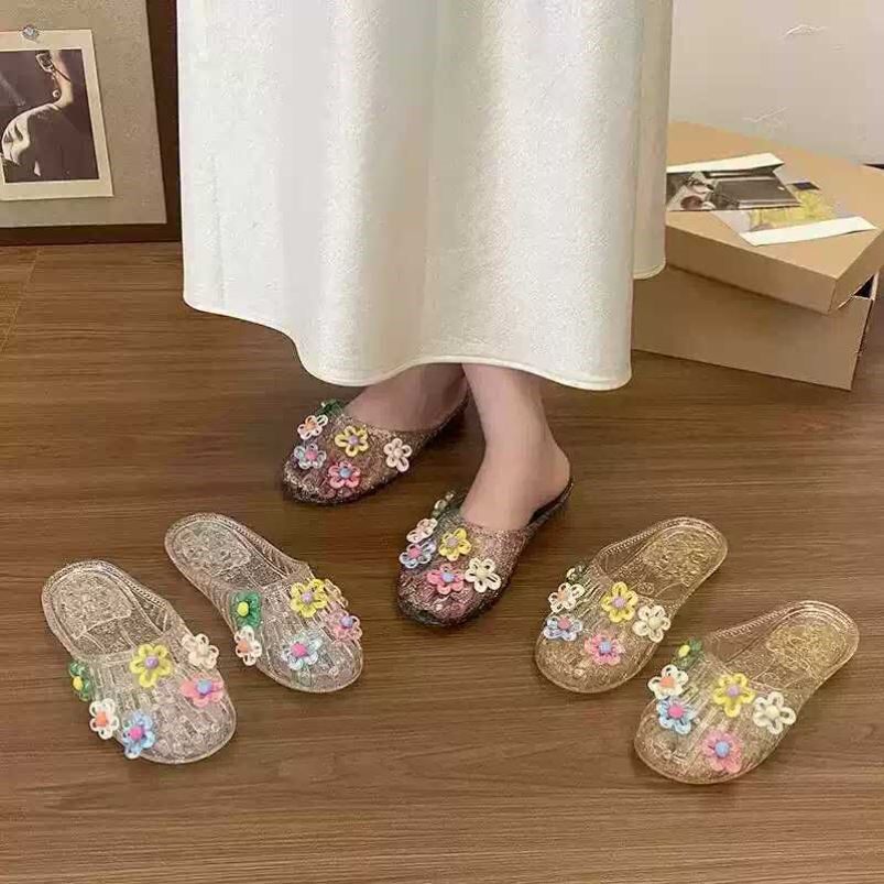 水晶鞋凉鞋女平底透明半拖外穿鞋花果冻鞋软底凉拖鞋包头外穿女鞋