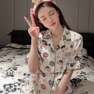 冰丝睡衣女款夏季短袖短裤卡通可爱ins风蜡笔小新薄款家居服套装