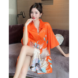 睡裙女性感衬衫领短袖猫咪印花网红爆款夏天季中长款家居服睡衣女