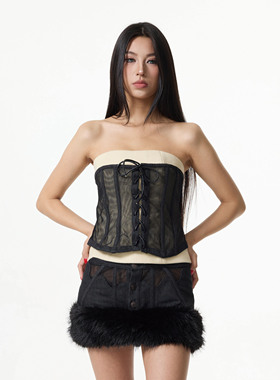 Linyi Li秋冬新品甜辣鱼骨网纱束腰毛呢抹胸背心上衣女外穿两件套